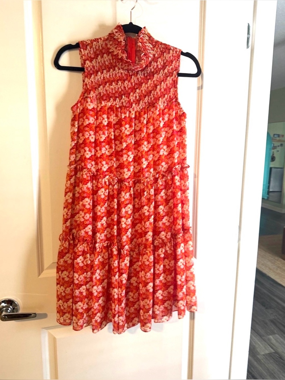 High-neck Red Floral Sleeveless Smocked Mini Dress